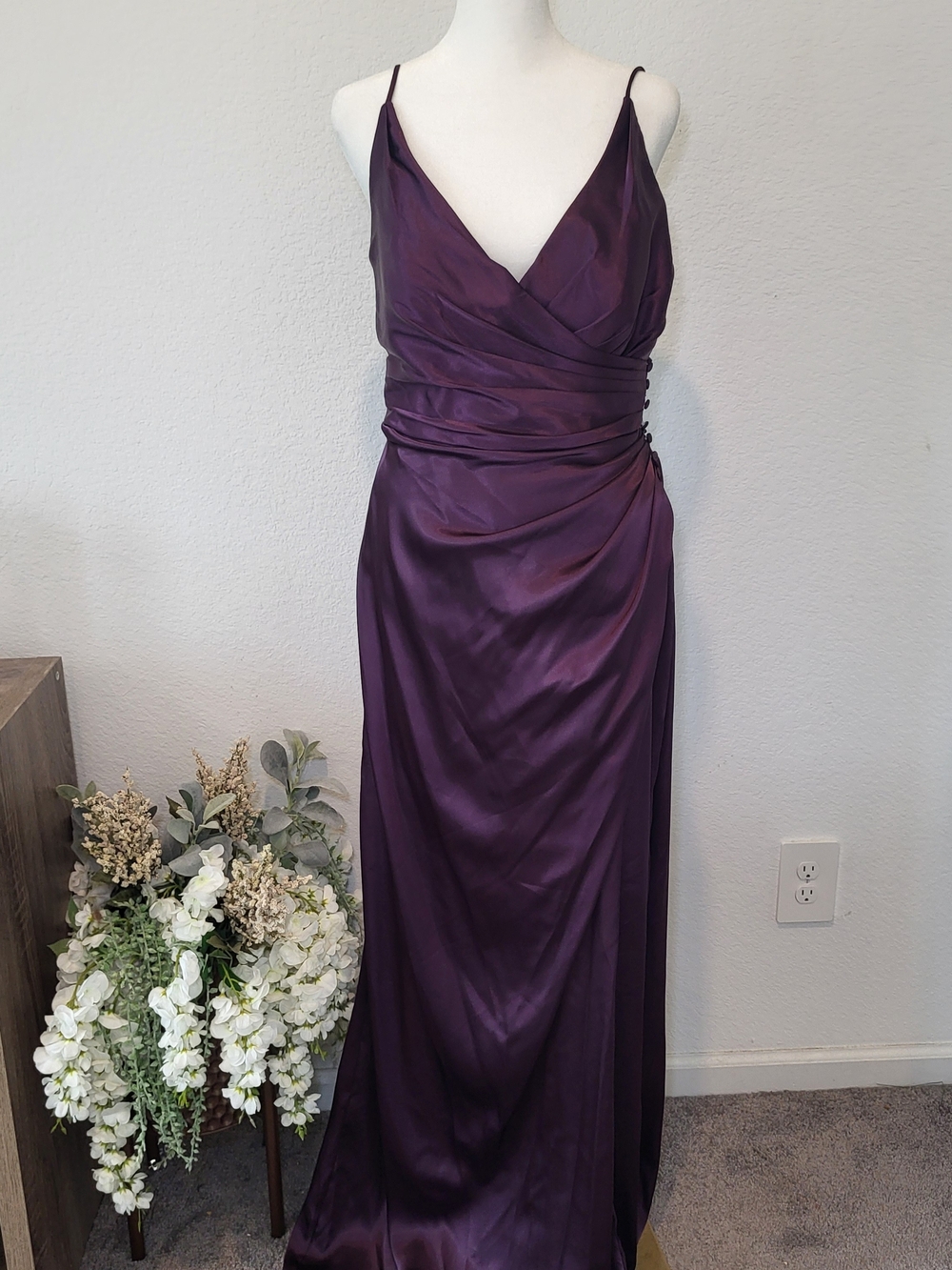 Elegant Purple Satin Evening Dress with Draped Waist